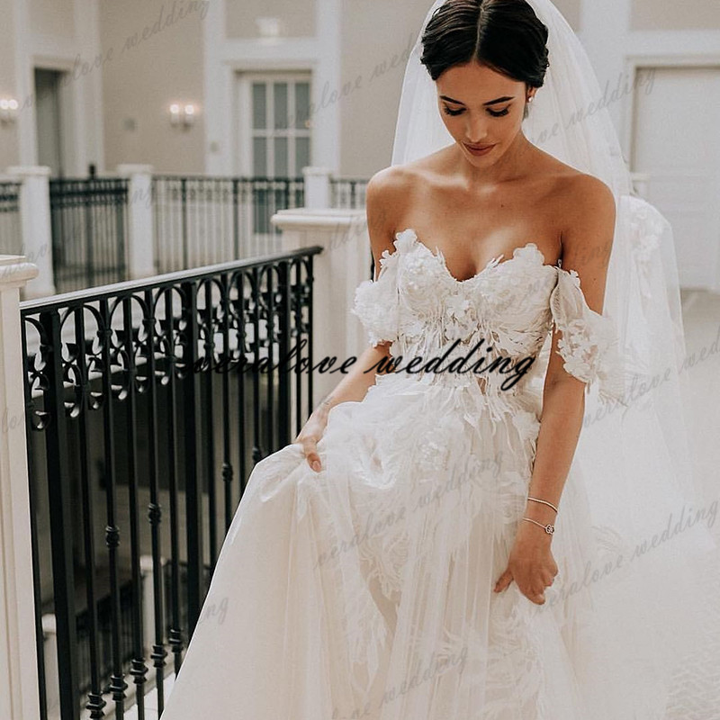 Sweetheart Off Shoulder Wedding Dress Lace 3D Flowers Bride Gowns A Line Country Boho 2021 Vintage Bridal Dresses