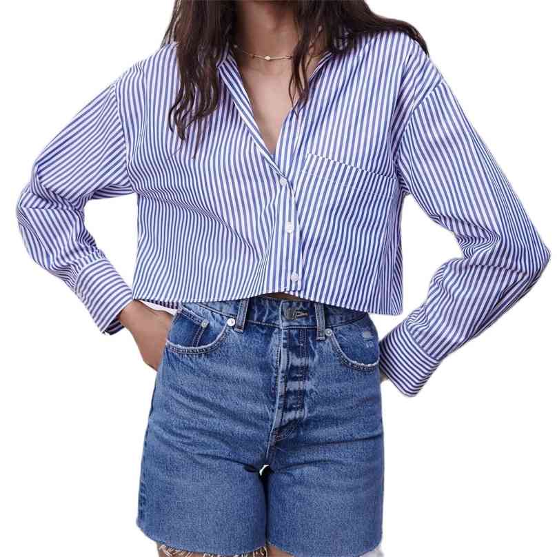 Women Shirts and Blouses Feminine Blouse Top Long Sleeve Casual Blue Turn-down Collar OL Style Loose cropped striped shirt 210520
Women Shirts and Blouses Feminine Blouse Top Long Sleeve Casual Blue Turn-down Collar OL Style Loose cropped striped shirt 210520