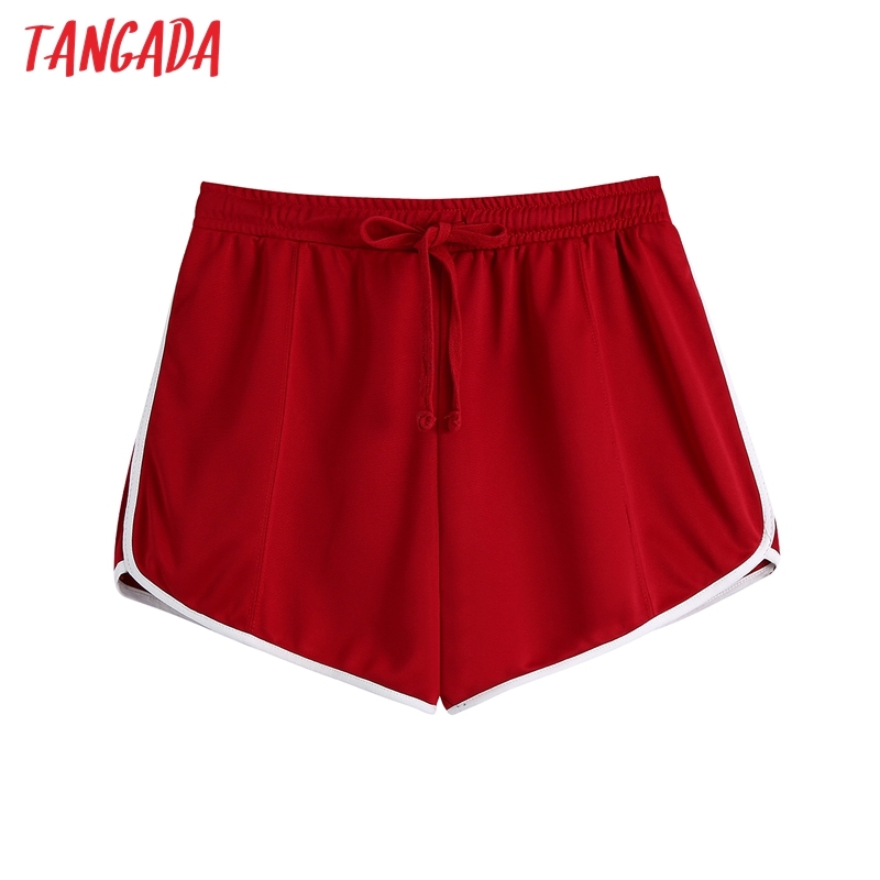 Women Fashion Red Shorts Vintage High Waist with Drawstring Female Short Pants Mujer BE505 210416