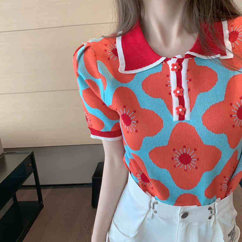 Korea Chic Summer Temperament Elegant Sweet Flowers Turn Down Collar Short Sleeve Pullover Knitted Sweaters Women's Tops 210518