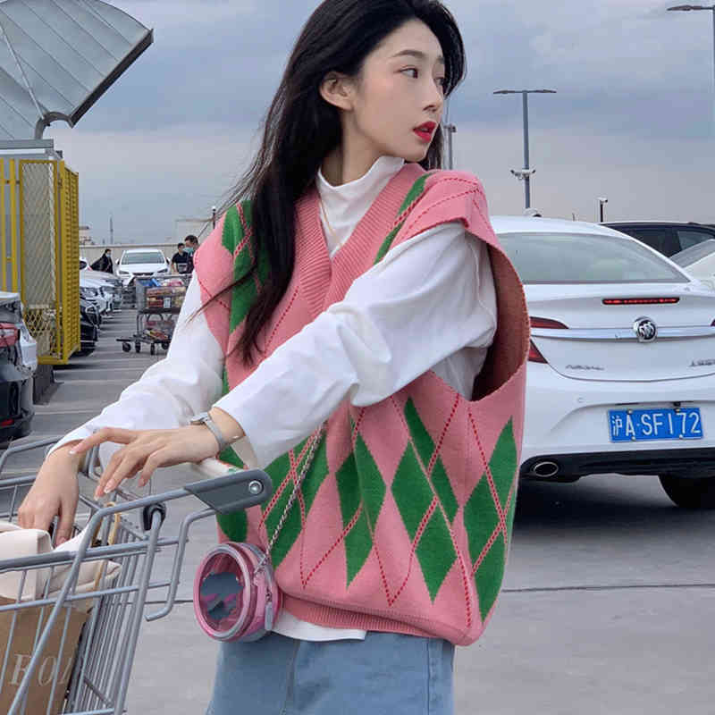 Spring Autumn Loose Knitted Sweater Vest Women Pink Green Plaid Sleeveless Waistcoat Female Korean Style Tops 210421