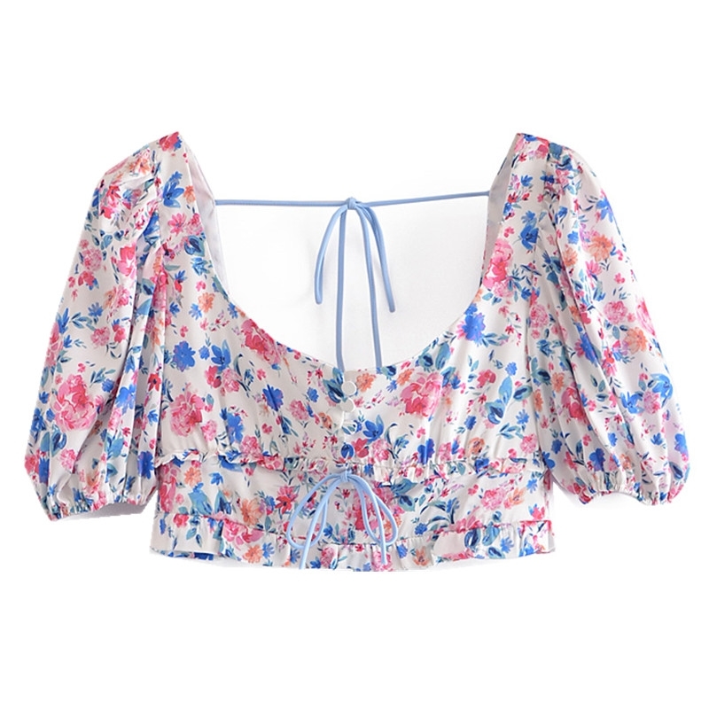 Holiday Lacing up Floral Print Short sleeve Lace Crop Top Sexy Women Package hips Ruched Mini Skirt Set Summer 210429
