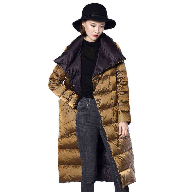 FTLZZ Women Double Sided Down Long Jacket Winter White Duck Coat Breasted Warm Parkas Snow Outwear 211108