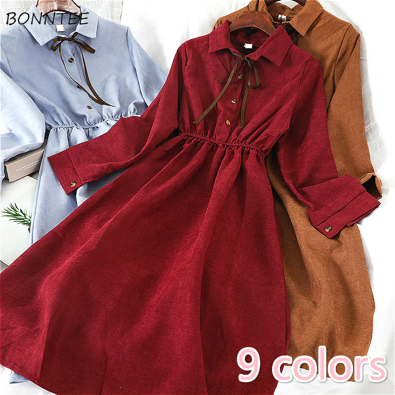 

Dress Women Ulzzang Retro Spring Elastic Waist Knee-Length Womens Dresses Simple Solid Button Bows Vintage Lady Party Clothing, Burgundy