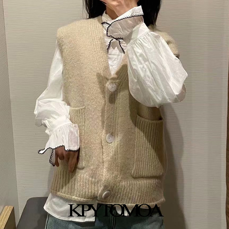 Women Fashion With Pockets Loose Knitted Vest Sweater Sleeveless Button-up Female Waistcoat Chic Tops 210420