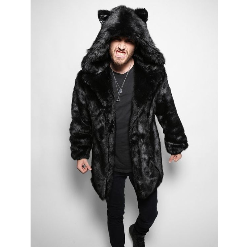 Men Loose Faux Fur Coat Men's Winter Casual Warm Overcoats Men's Long Type Coat Fur Full Sleeve Hooded Ear 220211