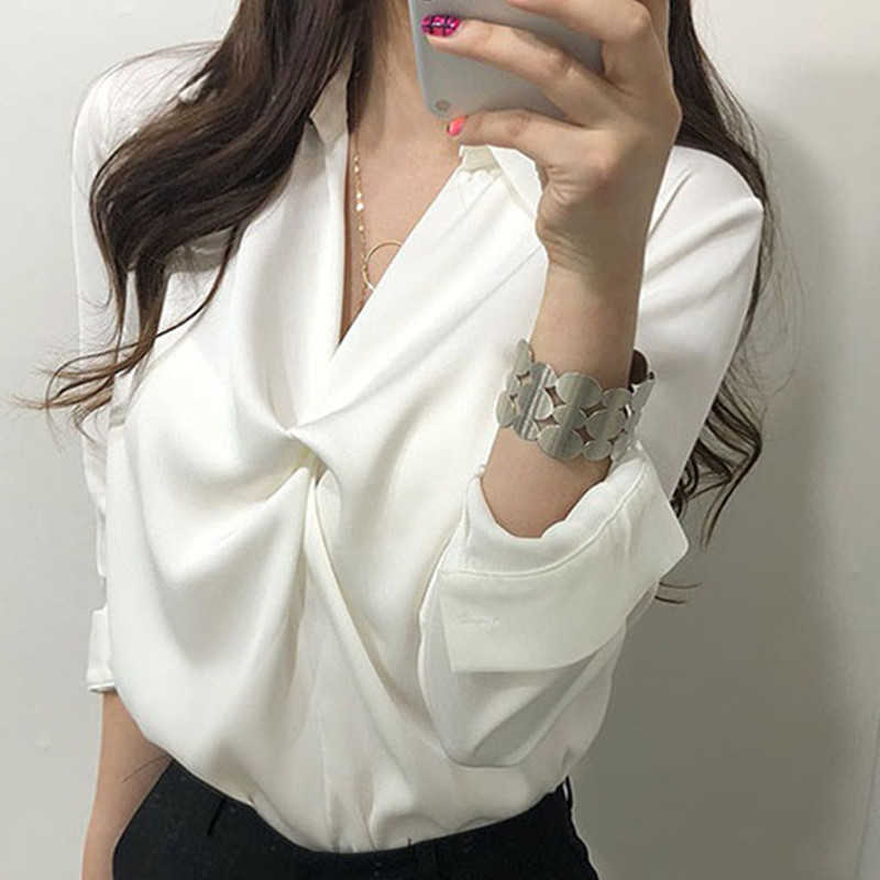 Sexy Twisted V-neck Women Satin Blouse Causal Solid Long Sleeve Elegant Shirt Spring Blusas Mujer 6G483 210603