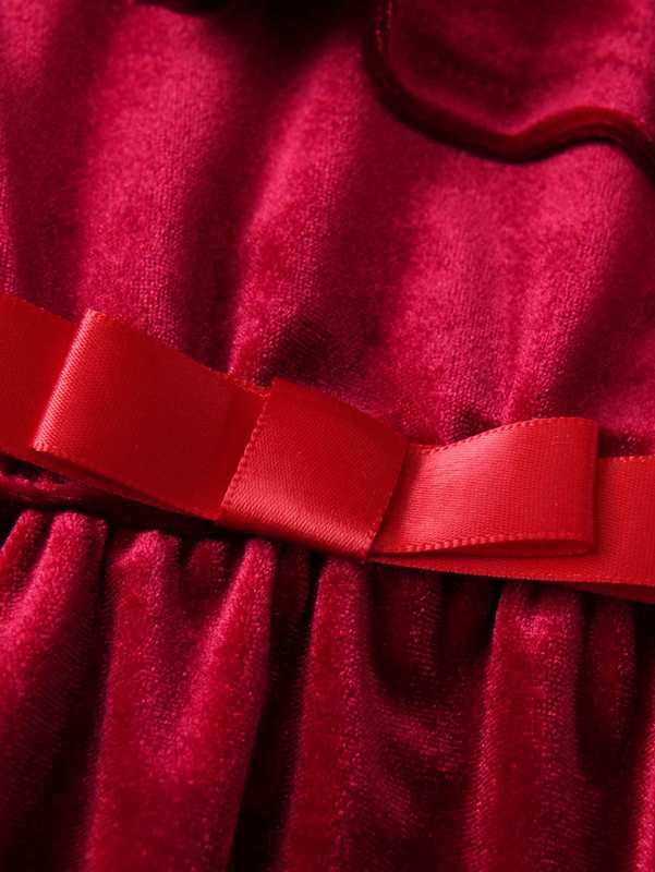 Girls Cold Shoulder Ruffle Trim Bow Velvet Dress SHE