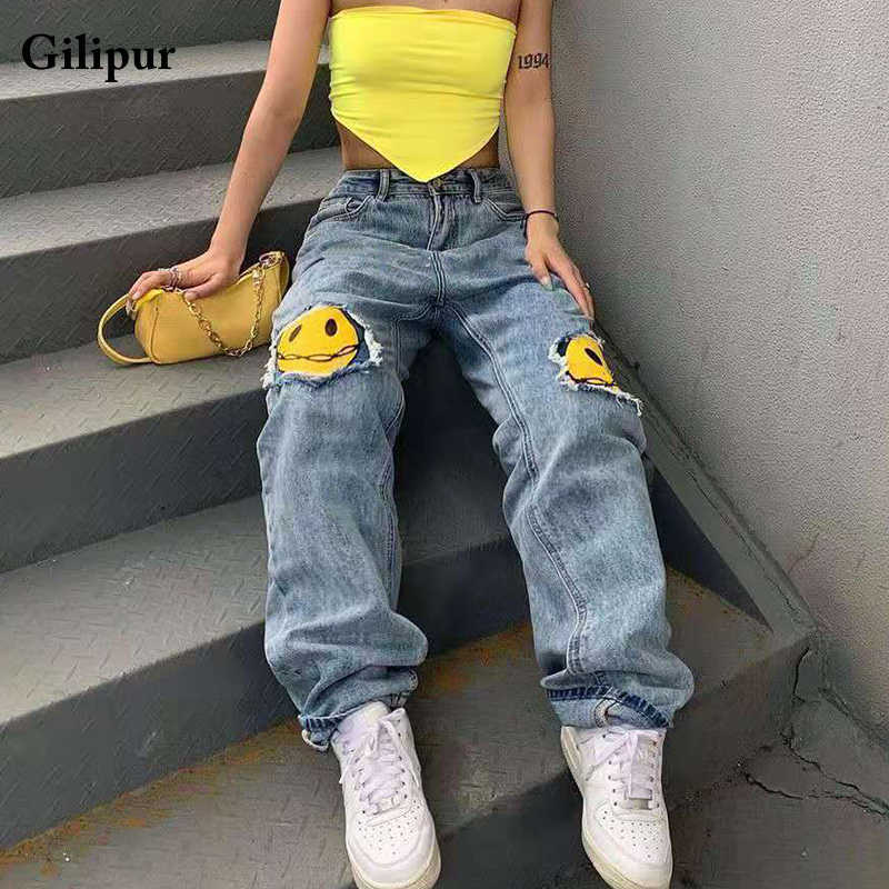 Printed Jeans Women Fashion Mom Baggy Straight Leg Pants Blue Loose Ripped Denim Trousers Long High Waist Streetwear 210922