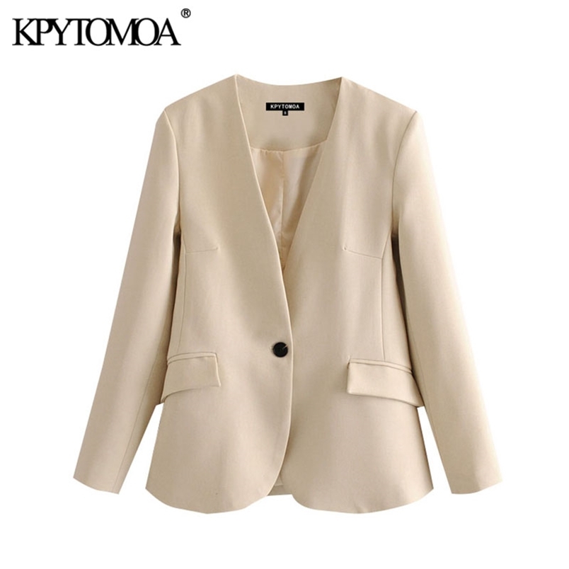 Women Fashion Office Wear Single Button Blazer Coat V Neck Long Sleeve Pockets Female Outerwear Chic Tops 210420