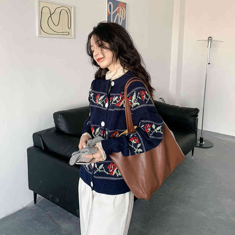 Spring Autumn OL Outwear Tops Rose Vintage Jacquard Sweater Coat Women Elegant Knitted Cardigan Sweaters Female 210421