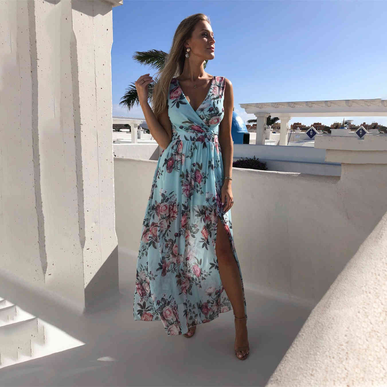Women Dress Sleeveless V-neck Chiffon Bohemian Dresses For Plus Size Split Long Print Girls Summer 210513