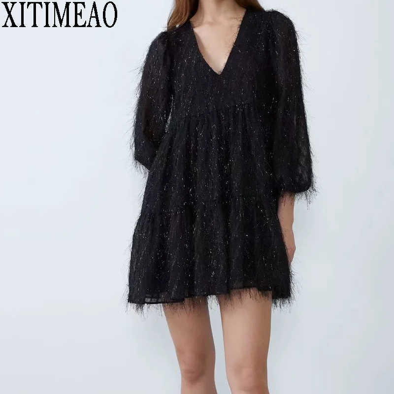 Za Autumn Long Sleeve Women Black V Neck Dress Chiffon es Ruffles Female Holiday Casual Tassel Mini XITIMEAO 210604
Za Autumn Long Sleeve Women Black V Neck Dress Chiffon es Ruffles Female Holiday Casual Tassel Mini XITIMEAO 210604