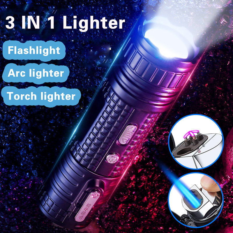 3 In 1 Torch Cigar Lighter Multifunction Windproof Jet Flame Electric Arc Pulse Lighter with LED Flashlight Creactive91876819510667