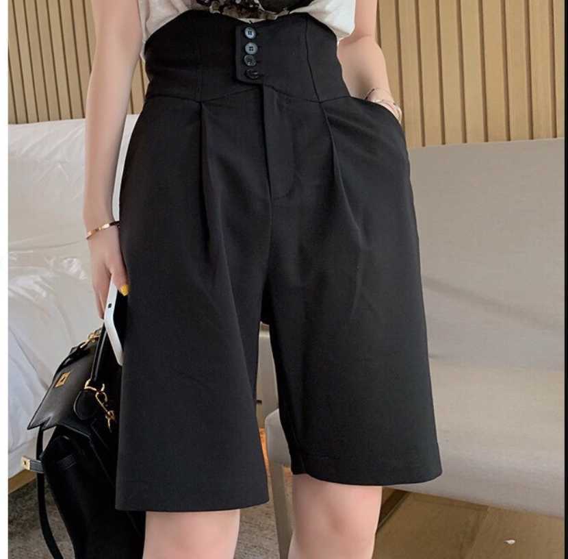 summer fashion High waist wide leg shorts women loose straight casual knee length blazer shorts 210611