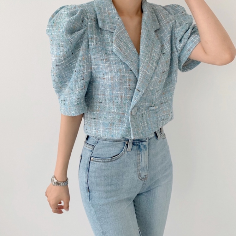 Korean Vintage Tweed Tops Summer Elegant Notched Collar Ladies Puff Sleeve Short Chic Jackets Coat 210519