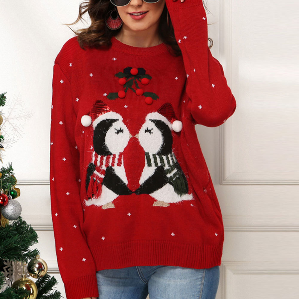 Winter Christmas Sweater Women Long Sleeve Penguin Printed Loose Pullovers Casual Warm Thick Knitted Tops Jumpers 210428