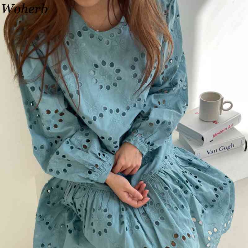 Women Dress Summer Korean Chic Temperament O Neck Vestido Crochet Hollow Loose Pleated Ruffle Puff Sleeve Dresses 210519