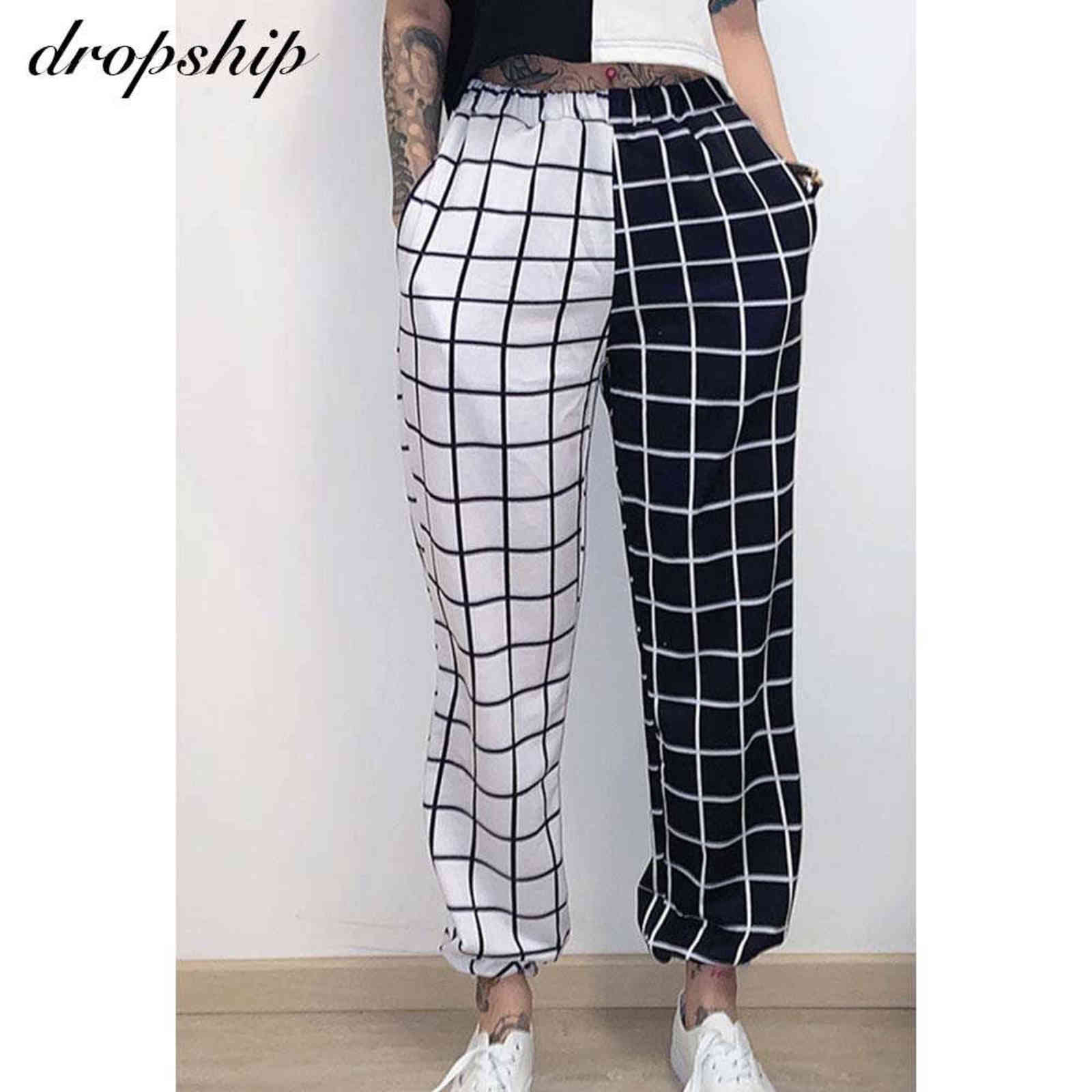 Spring Women's Elastic High Waist Black And White Checker Contrast Color Cargo Pants Women Streetwear Long Plaid 211115