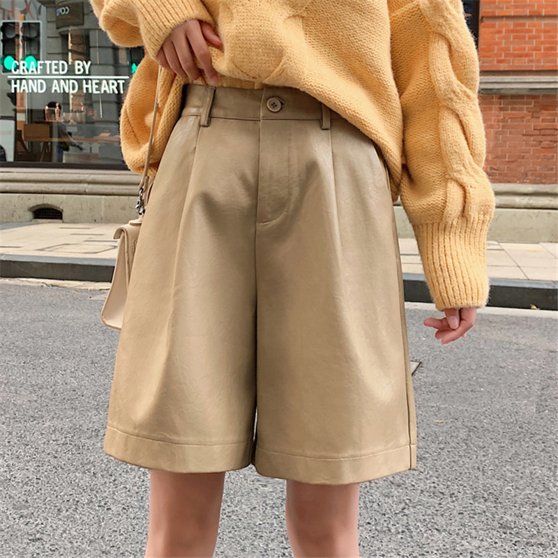 Simple High Waist Slender Fashion PU Leather Streetwear Chic Women All-Match Loose Casual Wide Leg Shorts 210421