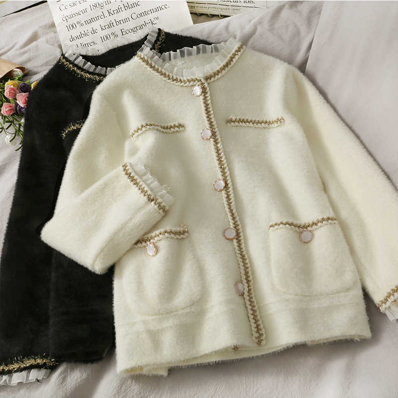 Mink Cashmere Loose Sweater Cardigan Jacket Women Autumn and Winter Short Bright Silk Stripe Thickened Knitted Top Coat 210907