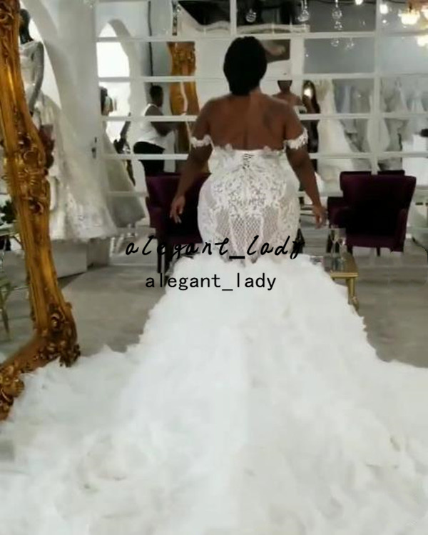 Plus Size Mermaid Africa Wedding Dresses Aso Ebi Off Shoulder Shiny Lace-up Applique Clound Ruffles Cathedral Train Bridal Gowns