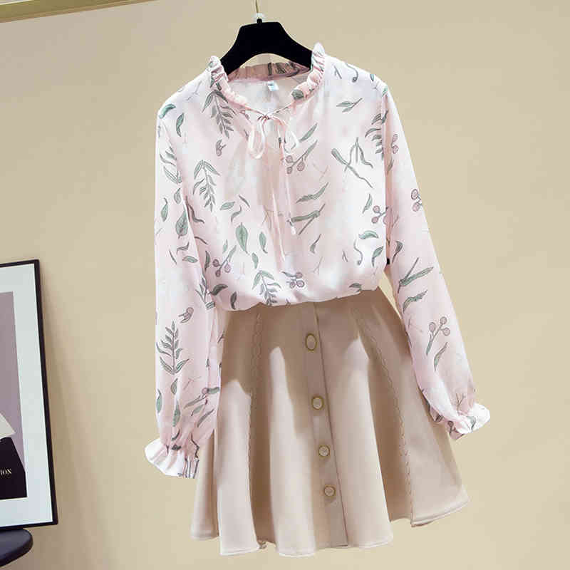 Print Shirt Long Sleeve Women Tops Autumn Floral Chiffon Blouse Casual Stand Collar Clothes Pullover 11147 210512