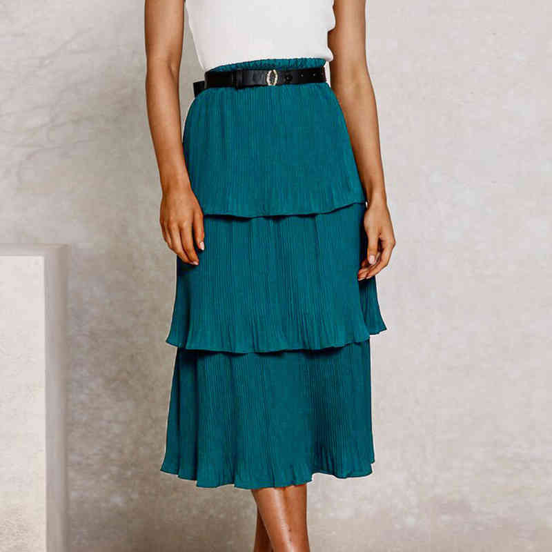 Beach skirts womens fashion chiffon stitching pleated female solid color Ruffles Mid-Calf long white lady 210508