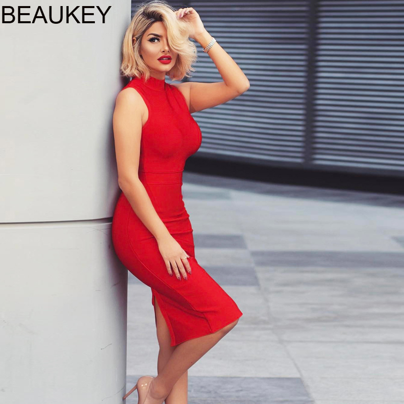 BEAUKEY Sexy Red Turtleneck Sleeveless Green Women Bandage Dress Split Maxi XL Party Club Celebrity Bodycon Vestido Midi 210409