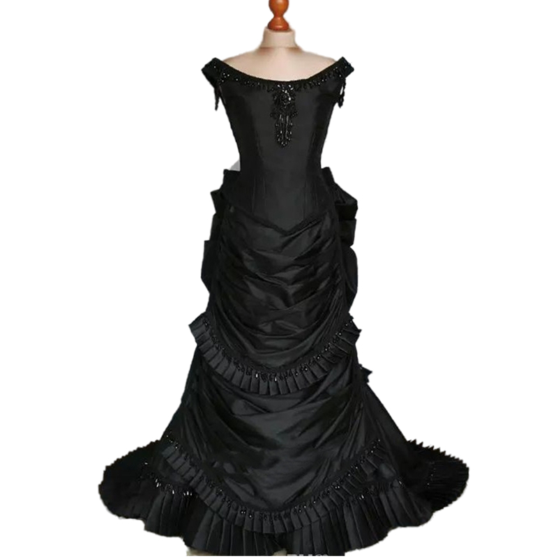 Vampire Ball Masquerade Halloween Black Wedding Dress Taffeta Beaded Gothic Victorian Bustle Bridal Gowns 2022 Vintage Steampunk 19th A Line Long Brid