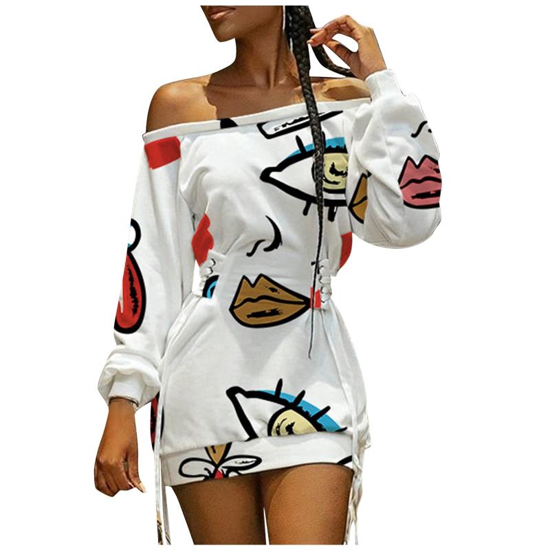 Casual Dresses Women Abstract Print Off Shoulder Dress Streetwear Lace-Up Eyelet Long Sleeve Women's Straight Vestidos