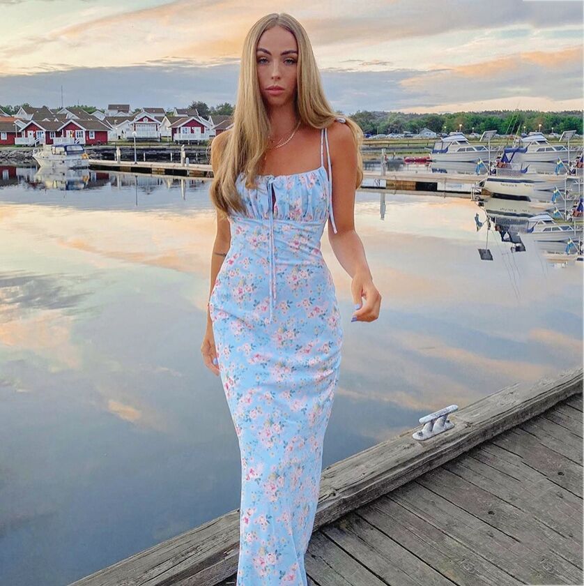 Women Dress Printed Bohemia Sexy Long Print Floral Maxi es Hollow Out Backless Lace Up Beach Summer 210513
