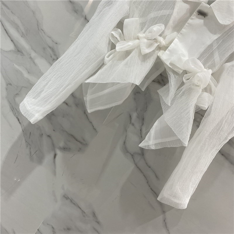 White Casual Shirts For Women Lapel Long Sleeve Patchwork Bowknot Irregular Hem Short Blouses Female Summer Fashion 210524