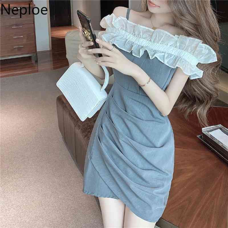 Neploe Bodycon Dress Women Sexy Lady Summer Fashion Robe Slash Neck Sleeve Ruffles Vestidos Pleated Irregular Mini Dresses 210422