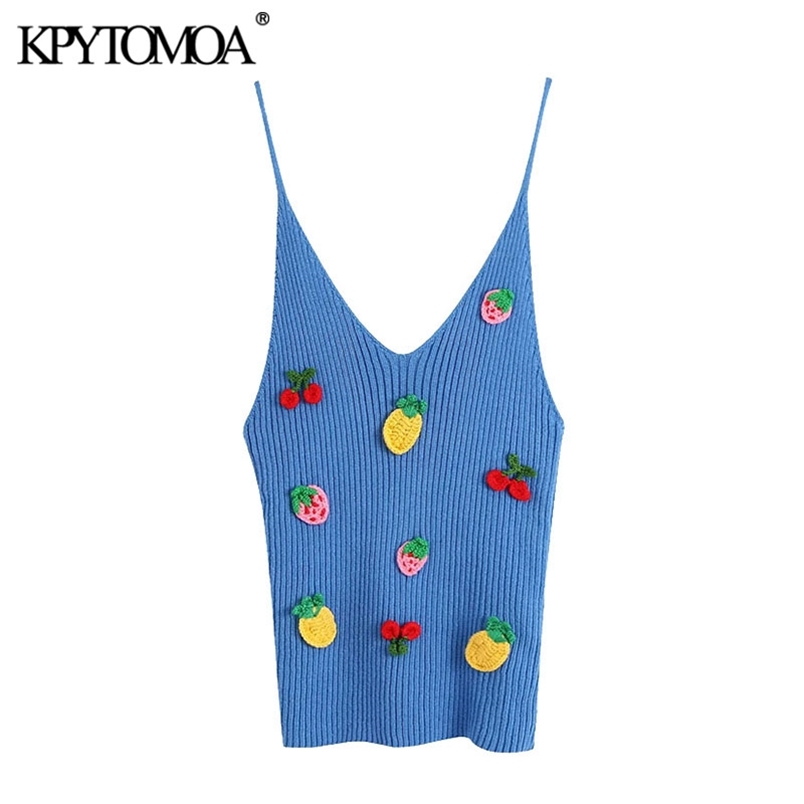 Women Fashion Patchwork Fruit Embroidery Ribbed Tank Tops V Neck Thin Straps Female Camis Mujer 210420