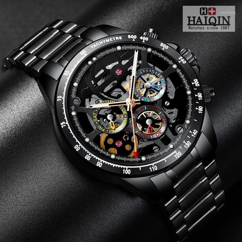 Wristwatches 2021 HAIQIN Men Watches Luxury Automatic Top Brand Wrist For Mechanical Steel Skeleton 5Bar Waterproof Reloj Hombres, Silver black