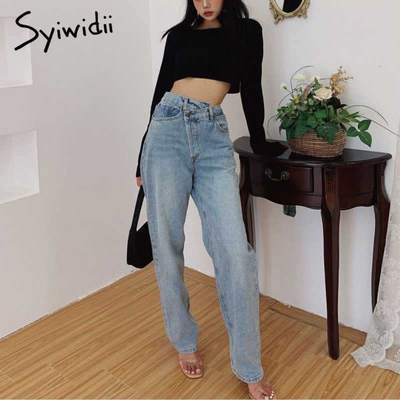 Syiwidii Irregular High Waisted Mom Jeans for Women Straight Street Full Length Denim Pants Clothes Fashion Spliced 210922