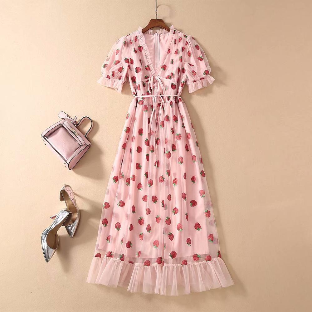 Sexy V-Neck Belt Strawberry stamping Short Sleeve Party Mid-Length Dress Net Yarn Summer Women'S Clothing 210506