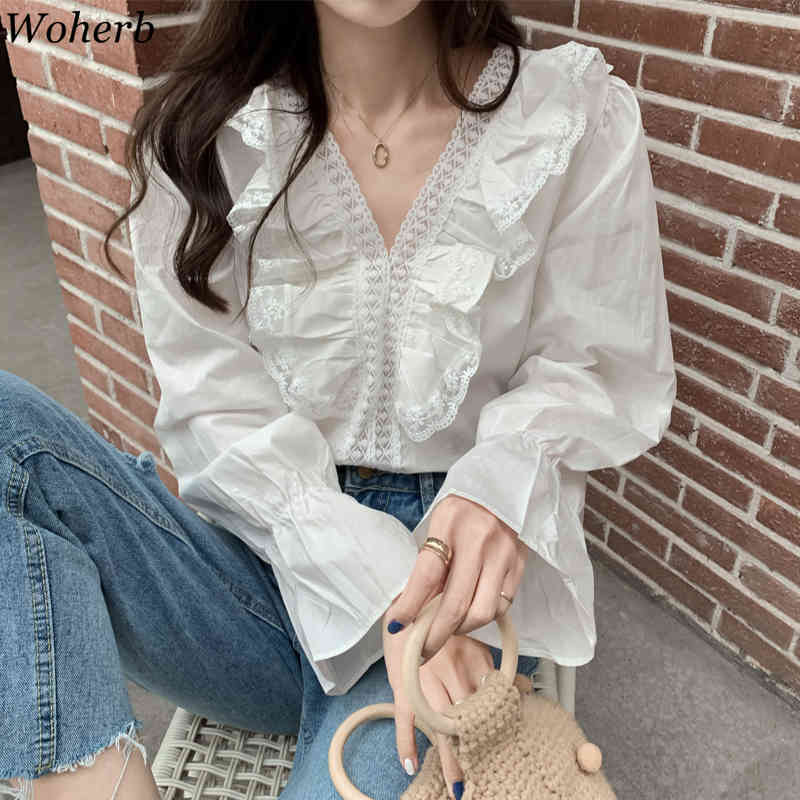 Blusas Femme Ruffle Hollow Patchwork Korean Tops Shirts Chic Casual Streetwear Sweet Blouse All Match Shirt 210519