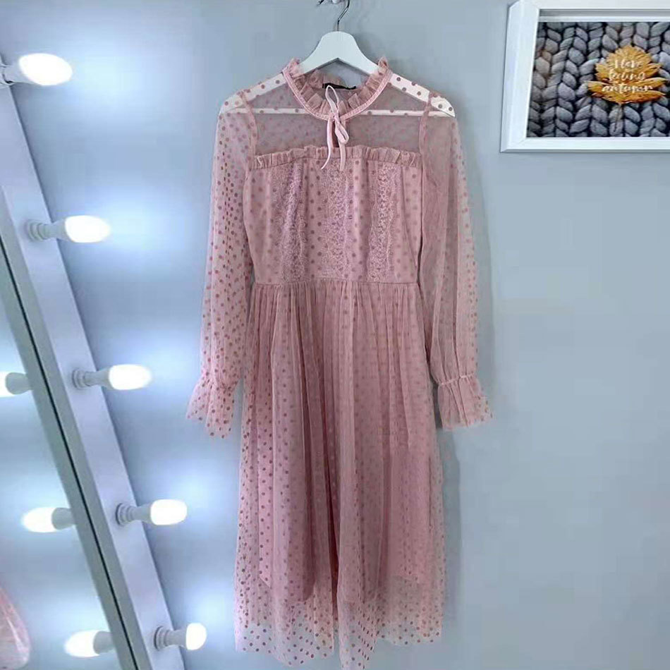 Free Sexy Black Polka Dot Lace Dress Stand Collar Long Sleeve Slim A-line Women Club Party Vestido 210524