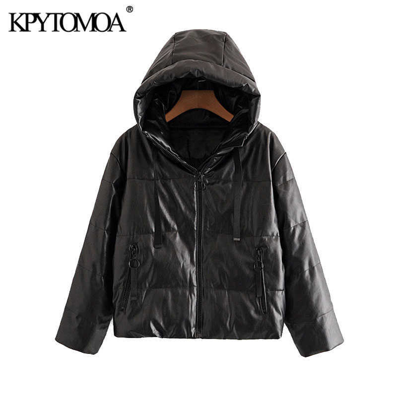 KPYTOMOA Women Fashion Thick Warm Faux Leather Padded Jacket Coat Vintage Long Sleeve Oversized Parka Female Outerwear Chic Tops 210819
