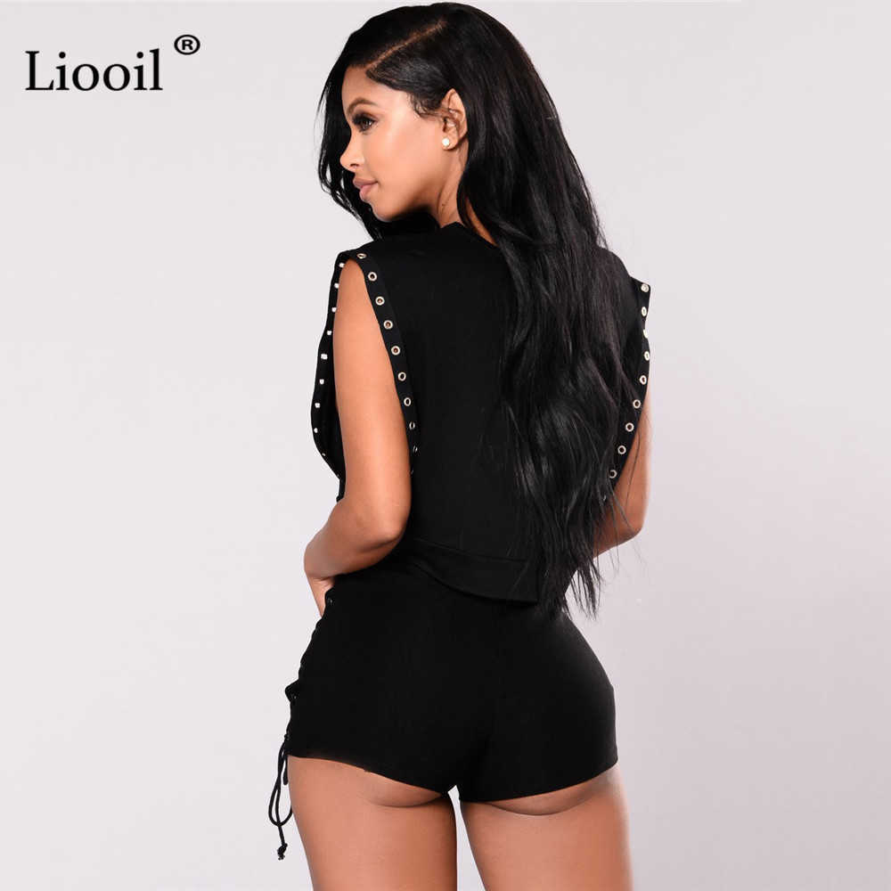Liooil Sexy Bandage Jeans Shorts Women Rave Clothes Streetwear Hollow Out High Waist Jean Short Black Bodycon Denim 210714
