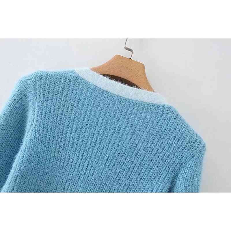 Vintage blue knitted cardigans women crop sweater korean fashion ladies tops casual warm spring 210521