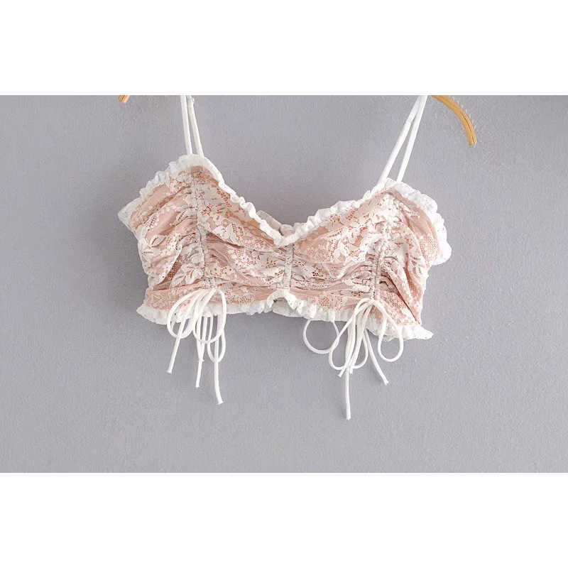 Vintage Chic Lace Ruffles Camis Tops Women Sexy Drawstrings Adjustable Straps Tops Elegant Ladies Chic Camisole 210625