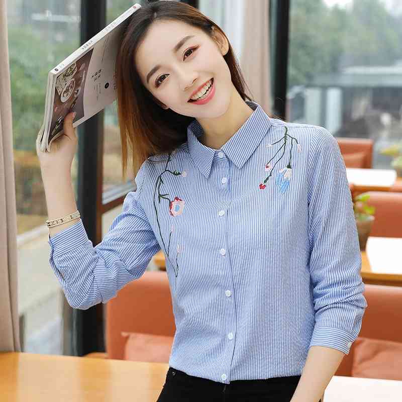 fashion stripe office lady shirt women blouse long sleeve embroidery tops plus size 's clothing blusas D853 30 210506