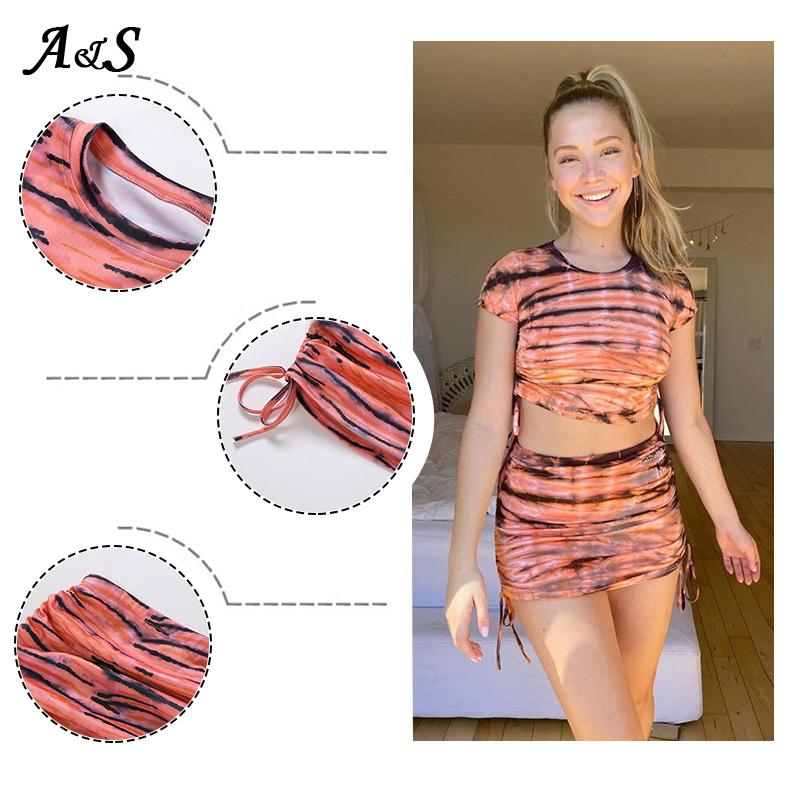 Anbenser Tie Dye Print Women Two Pieces Set Cute Tracksuits Summer Fashion Bandage Sexy Lace Up Ruched Crop Top And Skirts Sets Piece Dress