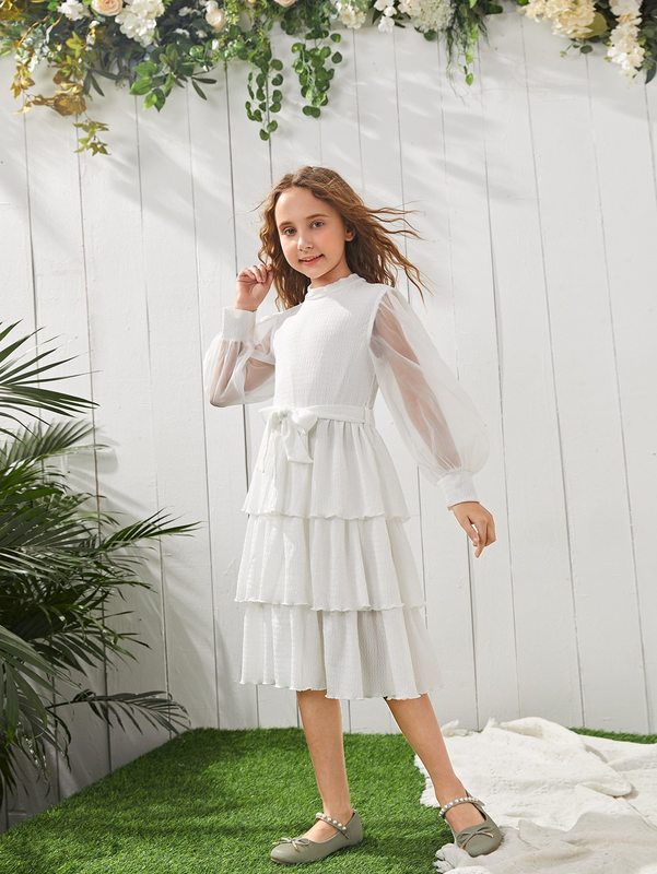 Girls 1pc Solid Bishop Sleeve Layered Hem Belted Dress SHE