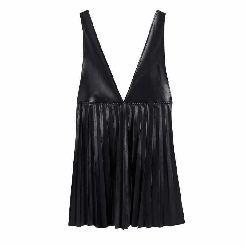 Women PU Leather Deep V Neck Pressed Pleat Splicing Mini Dress Female Sleeveless Clothes Casual Lady Loose Vestido D6967 210630