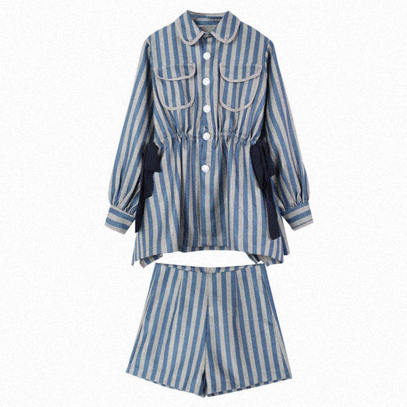 2 Piece Set Vintage Women Elegant Striped Drawstring Waist Long Sleeve Blouse Tops + High Shorts Casual Fashion Suit 210519