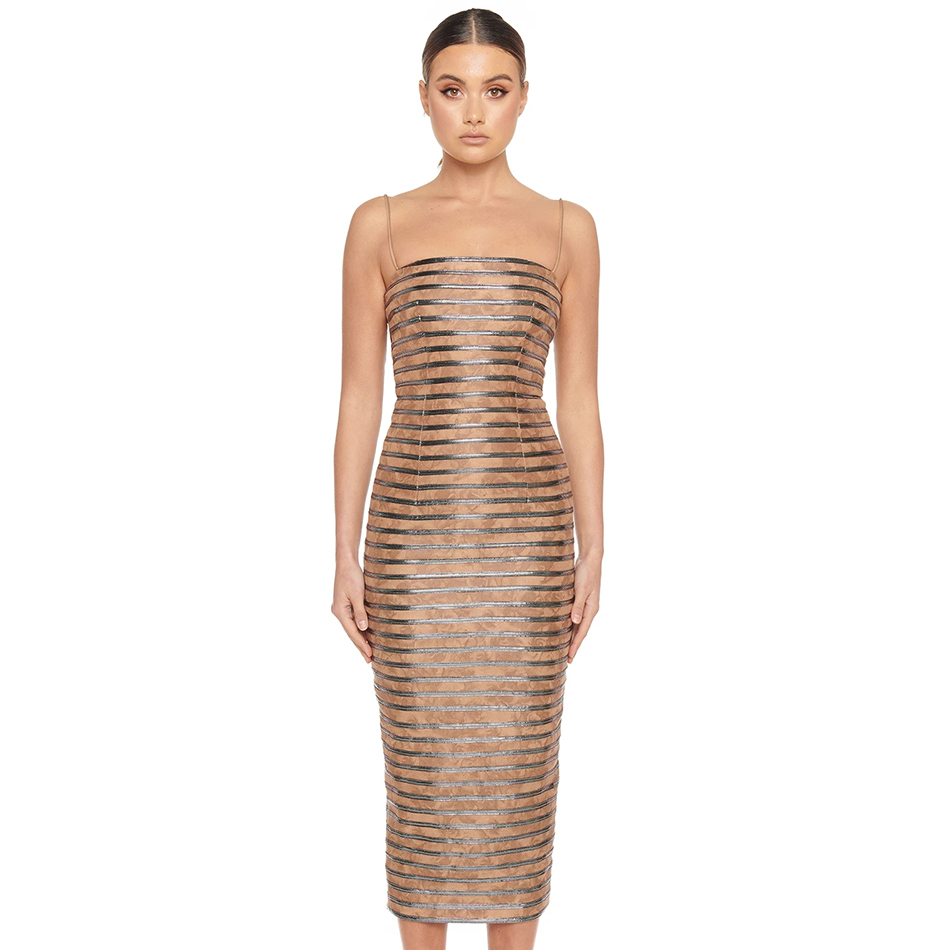Summer Women Spaghetti Strap Striped Midi Dress Sexy Sleeveless Bodycon Club Celebrity Evening Runway Party 210423
